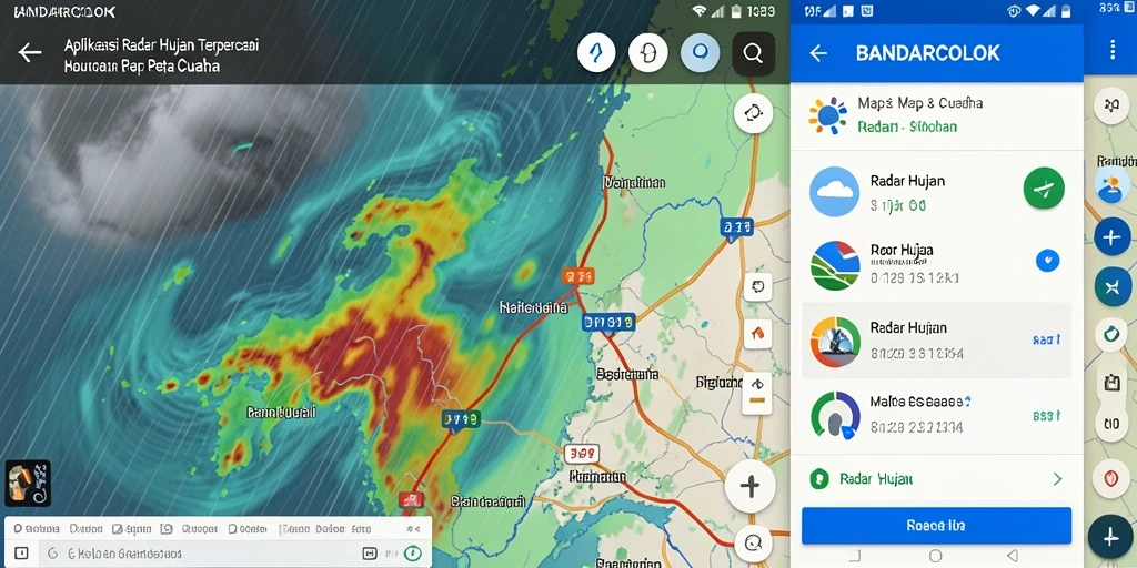 Screenshot antarmuka aplikasi BANDARCOLOK menampilkan peta radar hujan yang informatif.